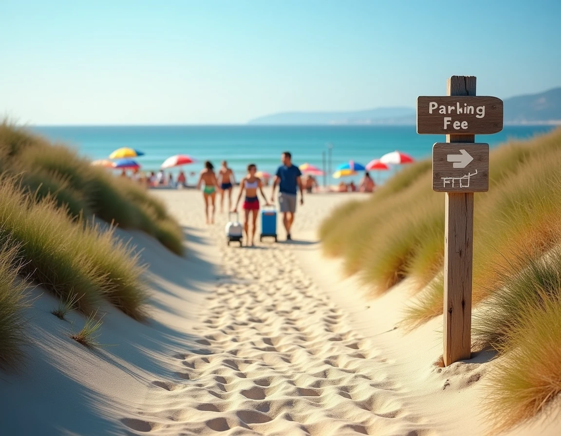 Chemin piéton reliant le parking à la plage de Pise avec des panneaux d'accès et de stationnement
