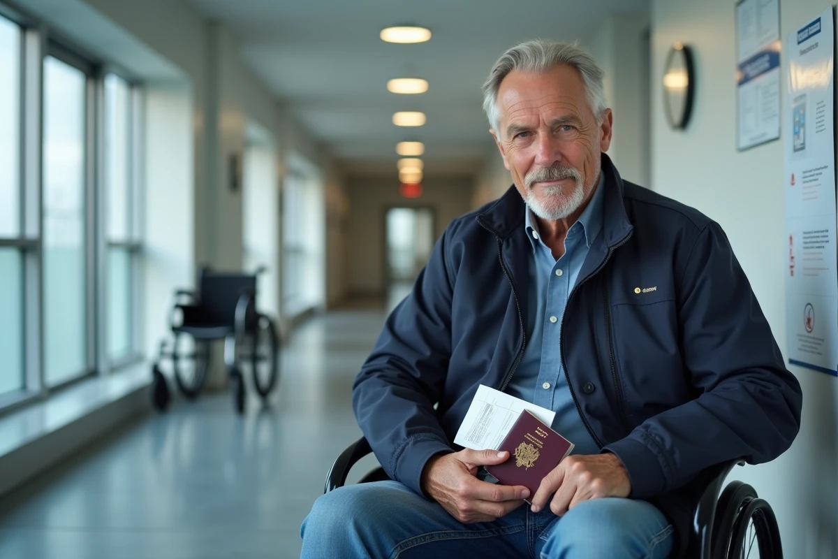 Homme accompagnant un proche malade dans un couloir d'hôpital, tenant un dossier de voyage médical avec passeport et documents administratifs