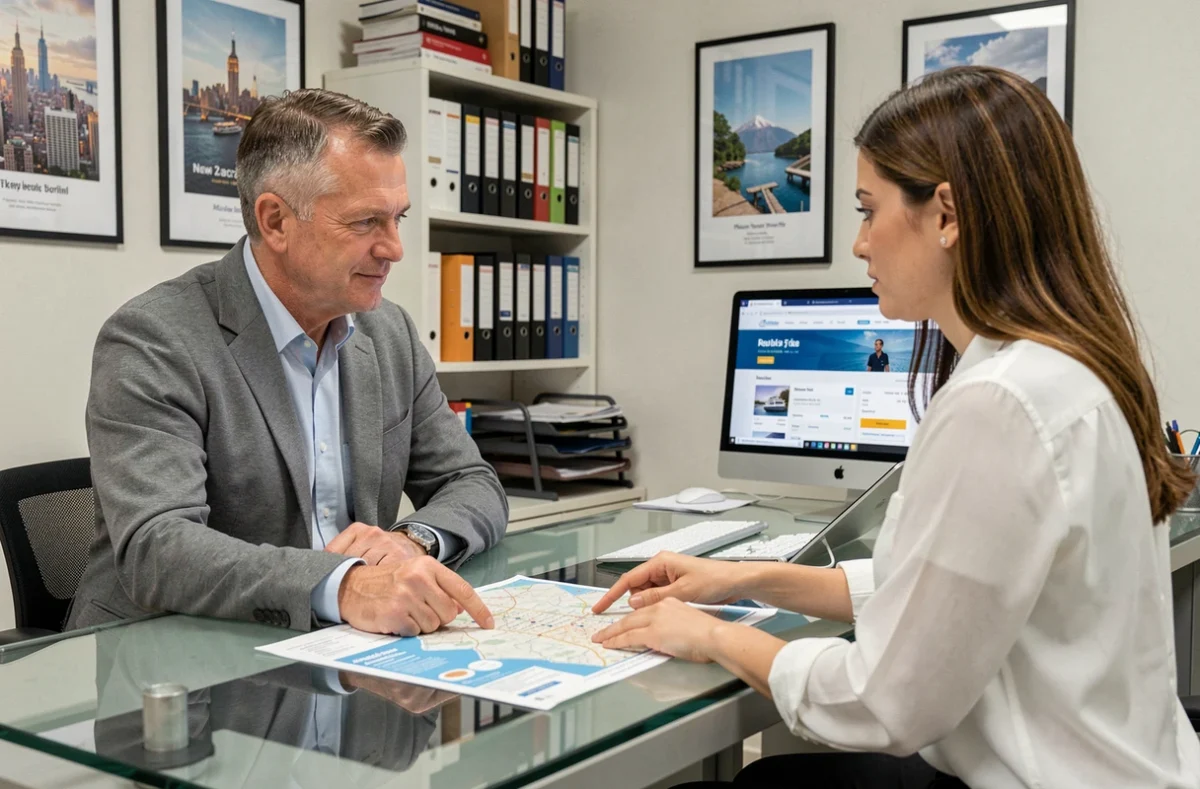 Homme en agence de voyage comparant des itinéraires de croisière à New York avec un agent