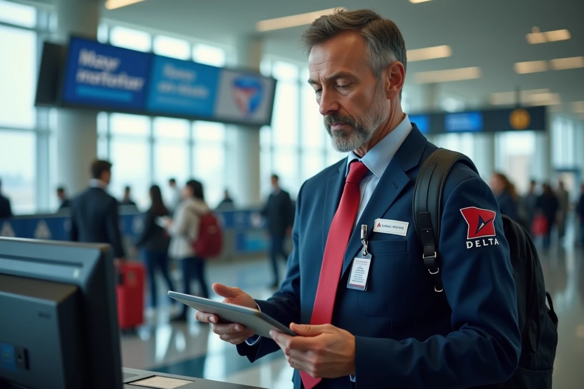 Agent Delta Air Lines au comptoir de départ aidant un voyageur à l'aéroport