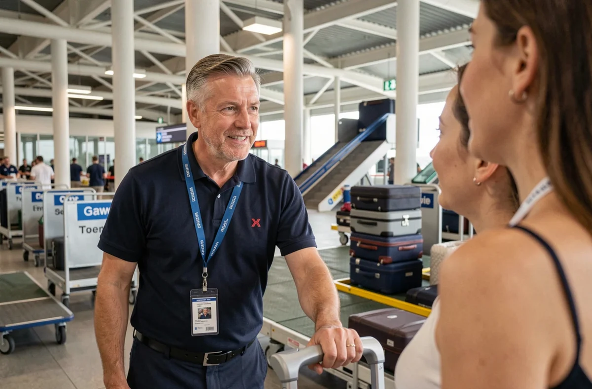 Agent portuaire en uniforme aidant des passagers lors du dépôt des bagages au terminal de croisière