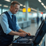 Agent de sécurité aéroport en inspection de valise