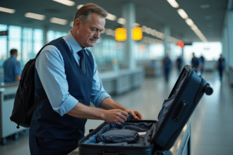 Agent de sécurité aéroport en inspection de valise