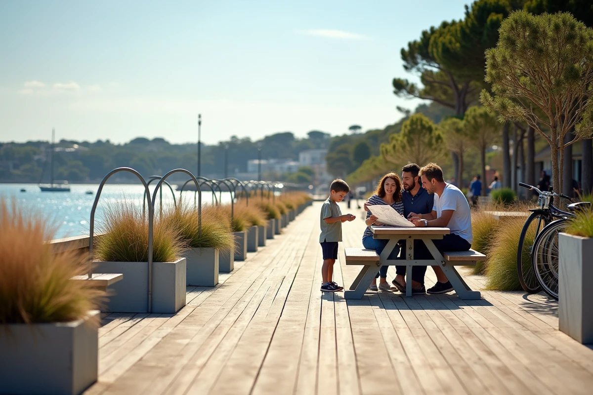 Nouveaux aménagements de la plage de Conleau à Vannes avec terrasses en bois et mobilier urbain moderne