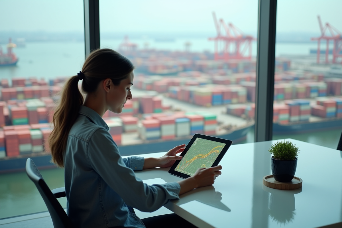 Jeune analyste logistique étudiant un plan de port