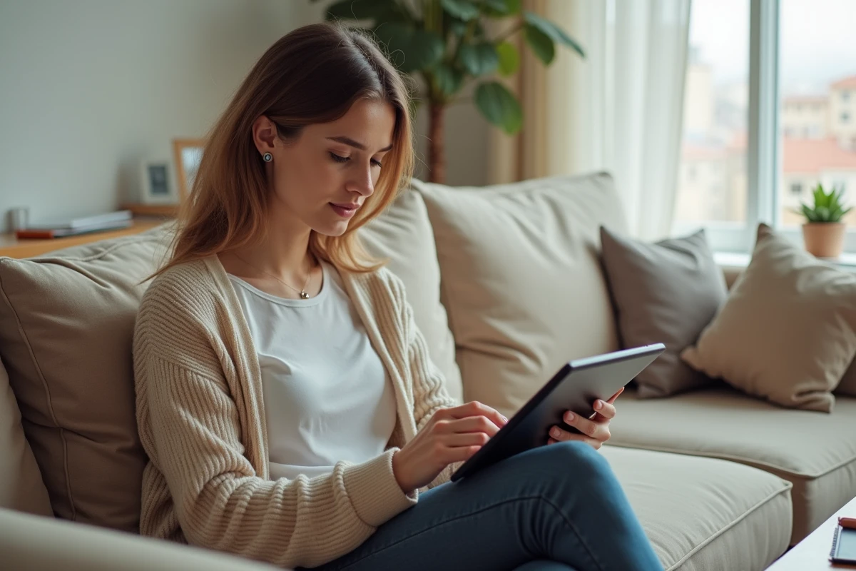 Jeune femme annulant un billet Air Algérie en ligne sur tablette depuis son salon