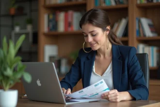 Femme consultant ses billets Air Algérie à son bureau pour annuler ou reporter une réservation