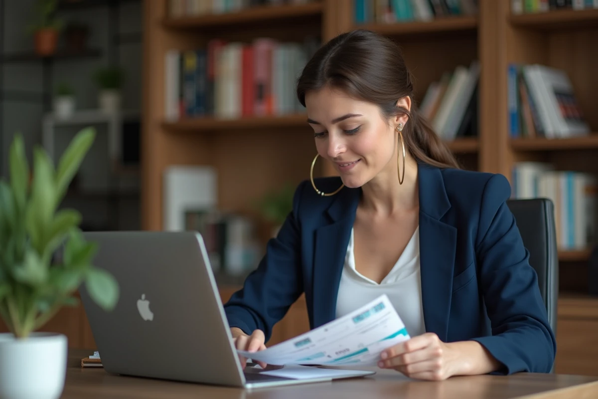 Femme consultant ses billets Air Algérie à son bureau pour annuler ou reporter une réservation