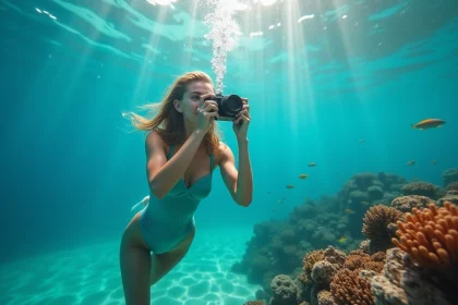 Plongeuse tenant un appareil photo sous-marin compact pour photographier un récif corallien en mer tropicale