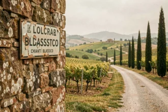 Panneau d'arrêt de bus rustique dans les vignobles du Chianti Classico avec paysage toscan en arrière-plan