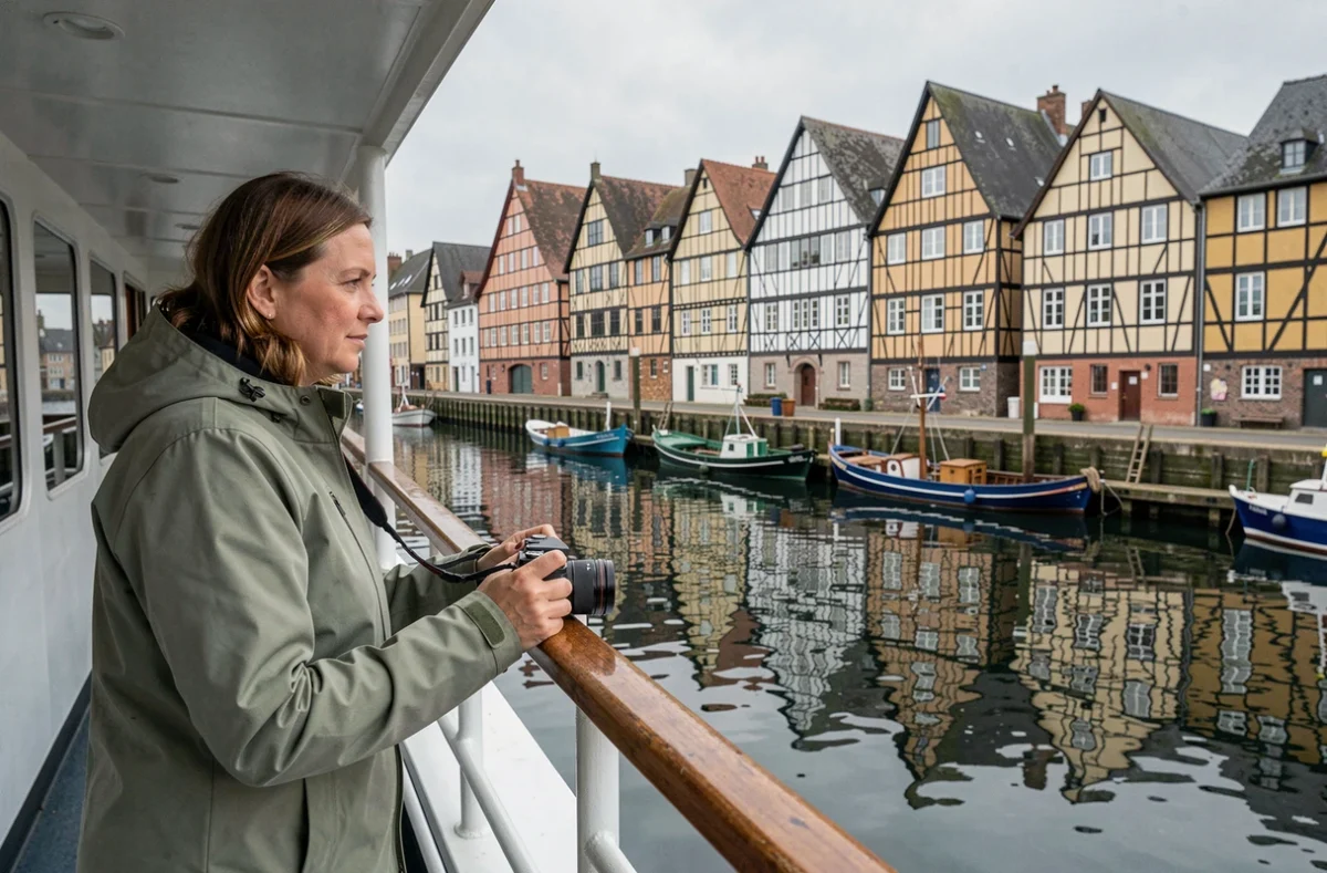 Voyageuse observant le Vieux-Bassin de Honfleur depuis le pont d'un bateau de croisière fluviale à l'arrivée au port