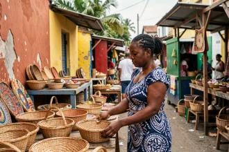 Artisane haïtienne arrangeant des paniers tressés colorés sur un marché artisanal de Port-au-Prince