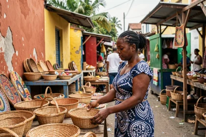 Artisane haïtienne arrangeant des paniers tressés colorés sur un marché artisanal de Port-au-Prince