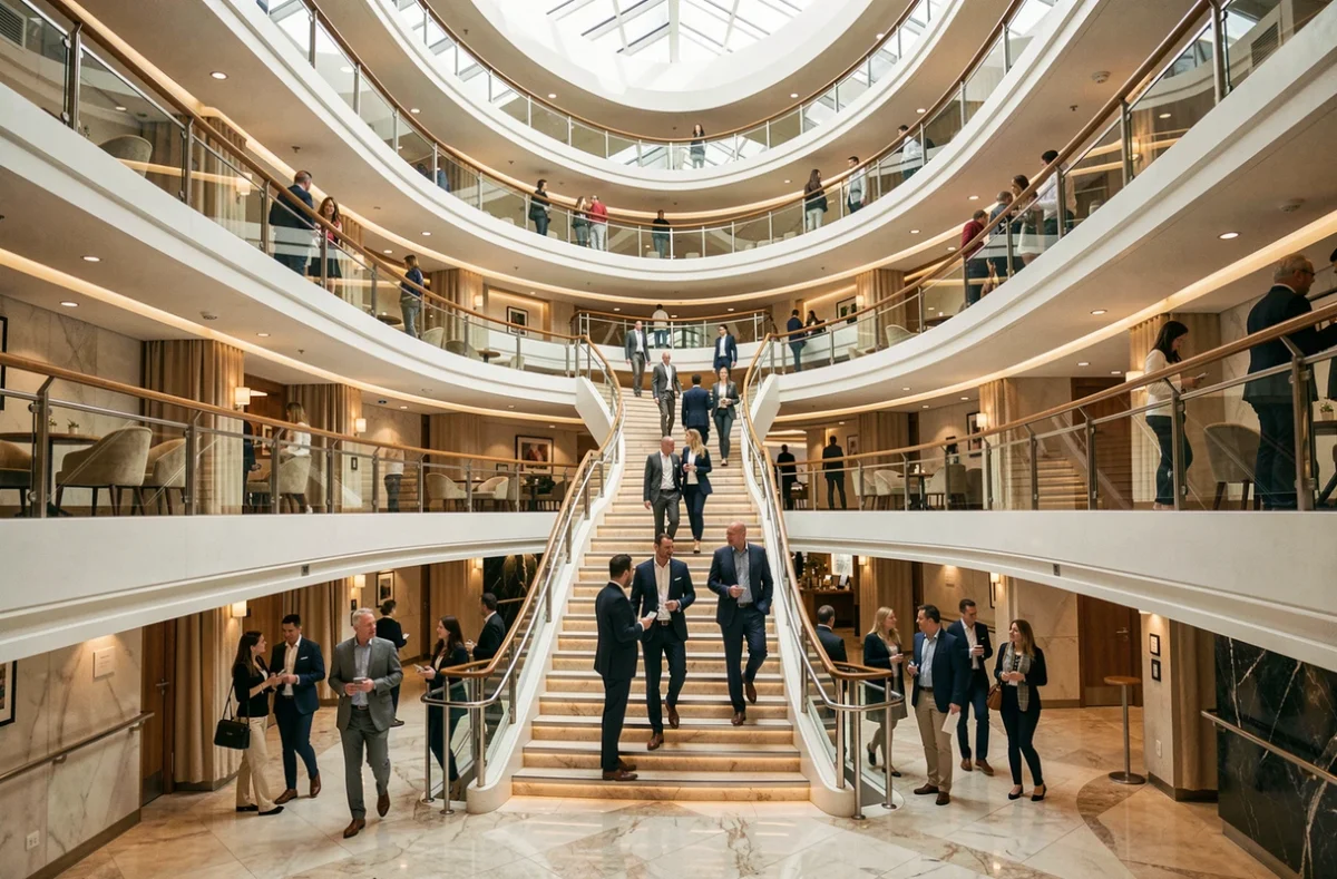 Atrium intérieur luxueux d'un navire de croisière MSC avec passagers et balcons étagés