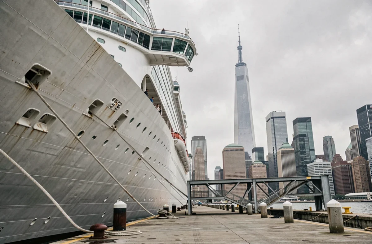 Bateau de croisière amarré au terminal de Manhattan avec le skyline de New York en arrière-plan
