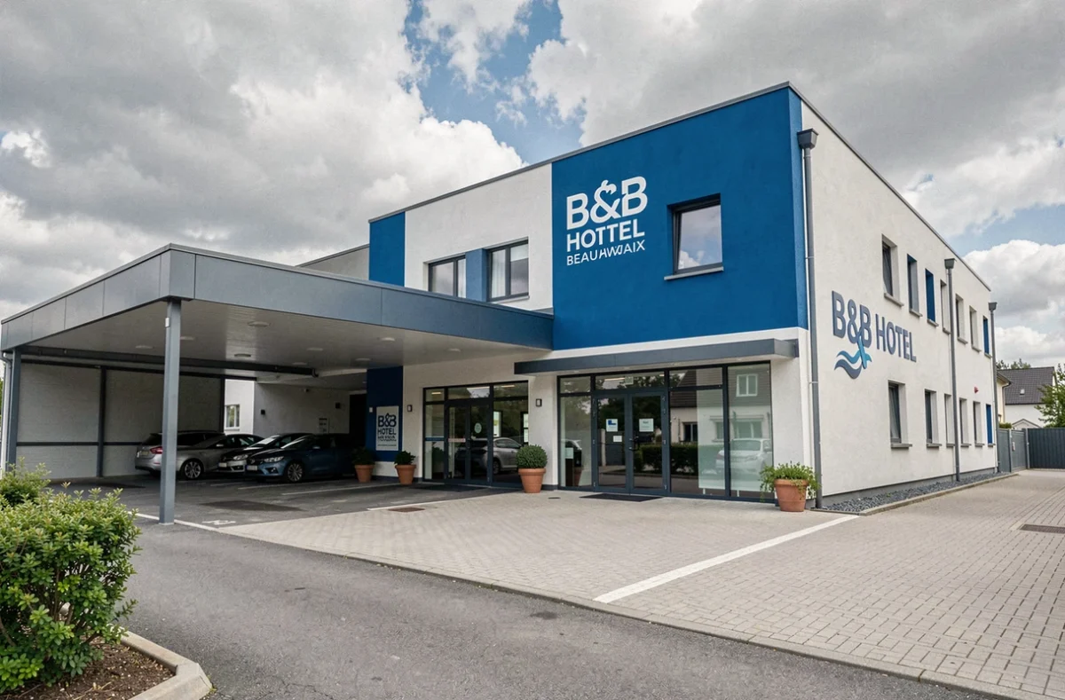 Façade moderne de l'hôtel B&B à Beauvais avec son architecture contemporaine bleue et blanche