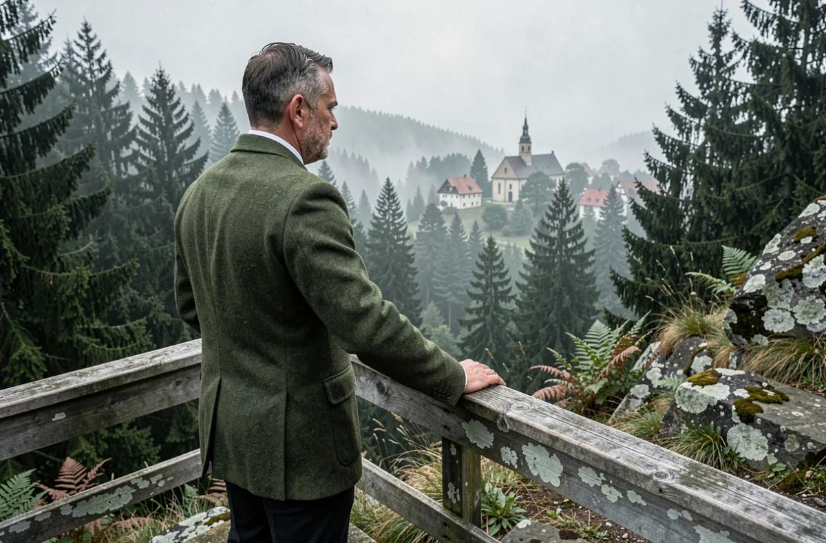 Homme en veste de loden observant un panorama de vallée boisée dans la Forêt-Noire depuis un belvédère en bois