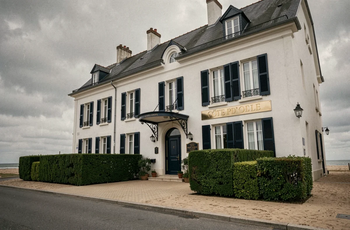 Façade élégante d'un hôtel côtier avec marquise et volets bleus typiques de la Côte d'Opale