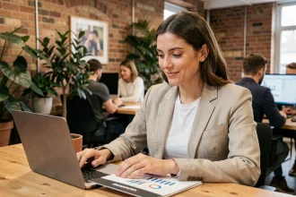 Blogueuse voyage professionnelle analysant ses statistiques et un kit presse dans un espace de co-working moderne pour séduire les marques partenaires