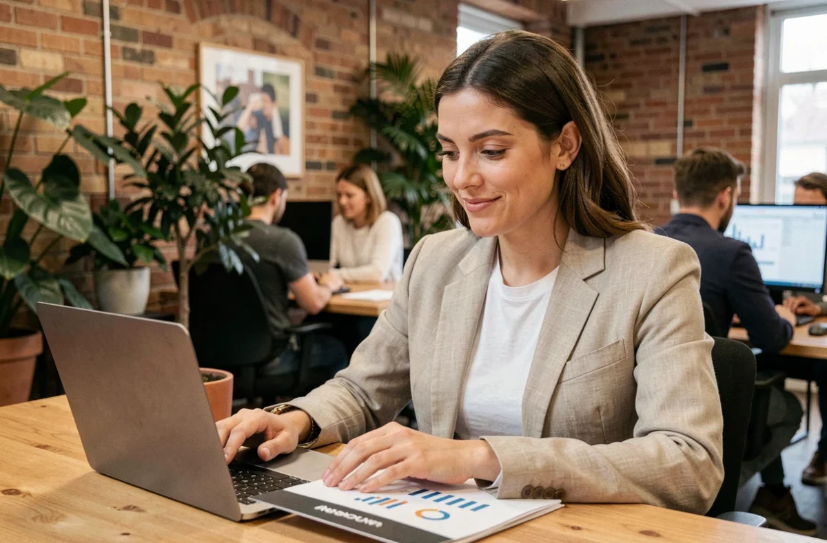 Blogueuse voyage professionnelle analysant ses statistiques et un kit presse dans un espace de co-working moderne pour séduire les marques partenaires