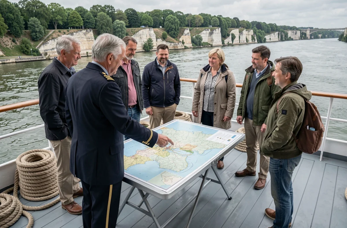Officier de bord expliquant le tracé de la croisière fluviale Paris-Honfleur à des passagers sur le pont supérieur