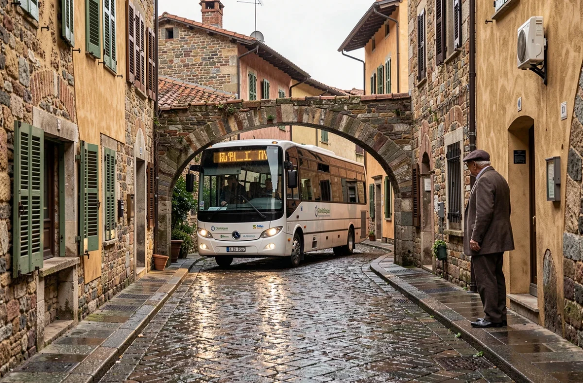 Bus régional traversant une ruelle pavée et médiévale du village de Greve in Chianti en Toscane