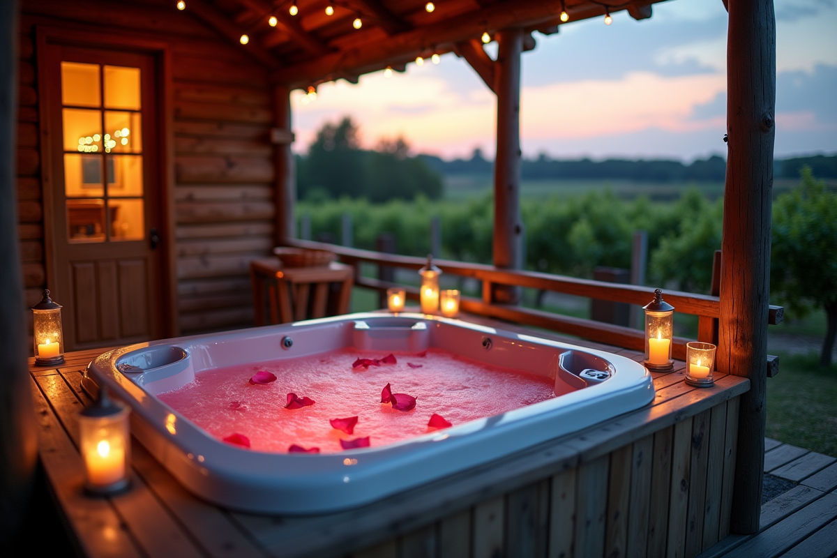 Terrasse d'une cabane en Provence avec jacuzzi et vignobles
