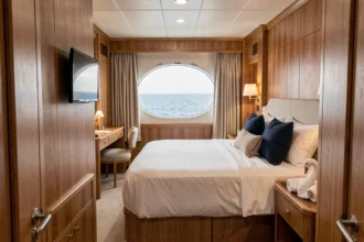 Cabine de croisière standard avec lit double, hublot vue mer et rangements intégrés