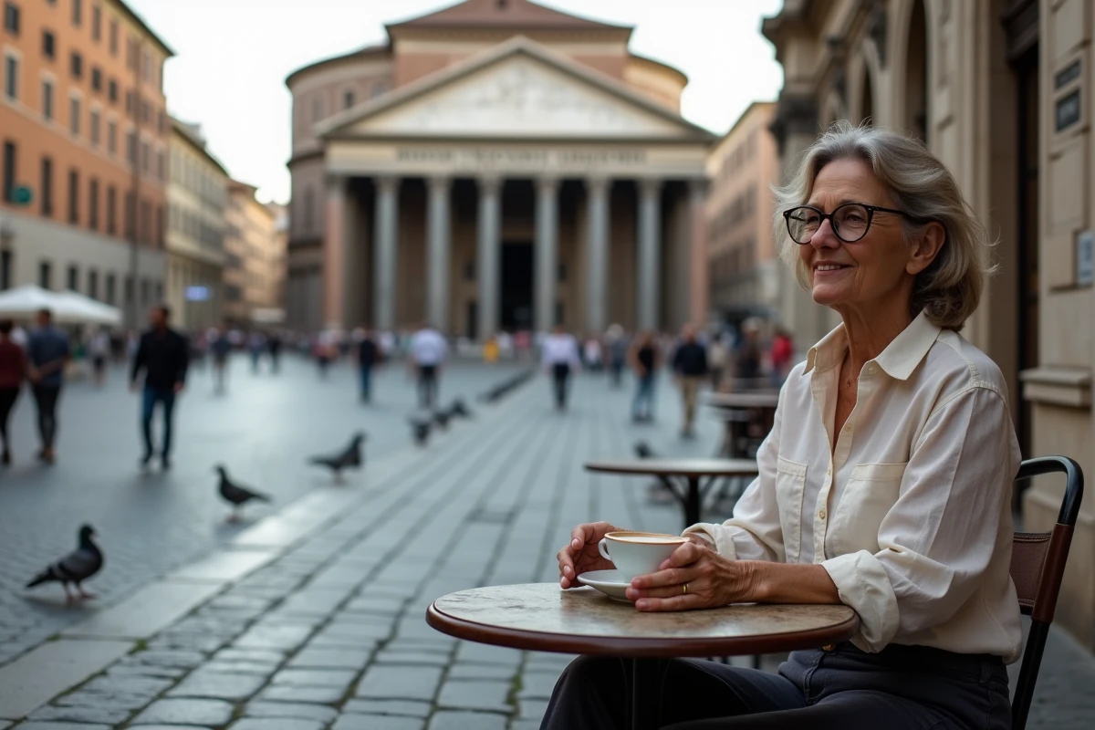 Femme italienne dégustant un espresso en terrasse face au Panthéon de Rome, scène de vie romaine contemporaine