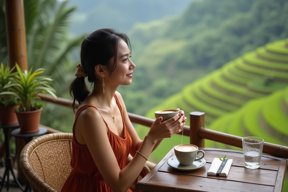 Femme savourant un café balinais dans un café avec vue panoramique sur les rizières de Tegallalang