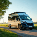 Camping-car moderne dans un paysage rural ensoleille