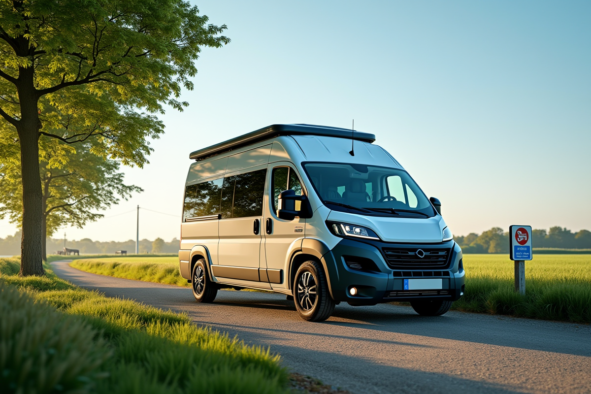 Camping-car moderne dans un paysage rural ensoleille