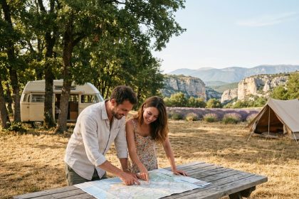 Couple consultant une carte routière sur un camping en pleine nature près de Sisteron avec vue sur les falaises calcaires des Alpes