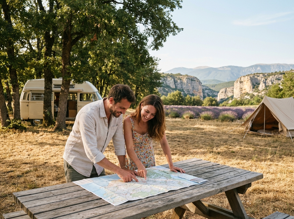 Couple consultant une carte routière sur un camping en pleine nature près de Sisteron avec vue sur les falaises calcaires des Alpes