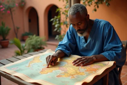 Homme sénégalais en boubou indigo étudiant une carte papier de l'Afrique sur une terrasse à Dakar pour planifier un itinéraire de voyage