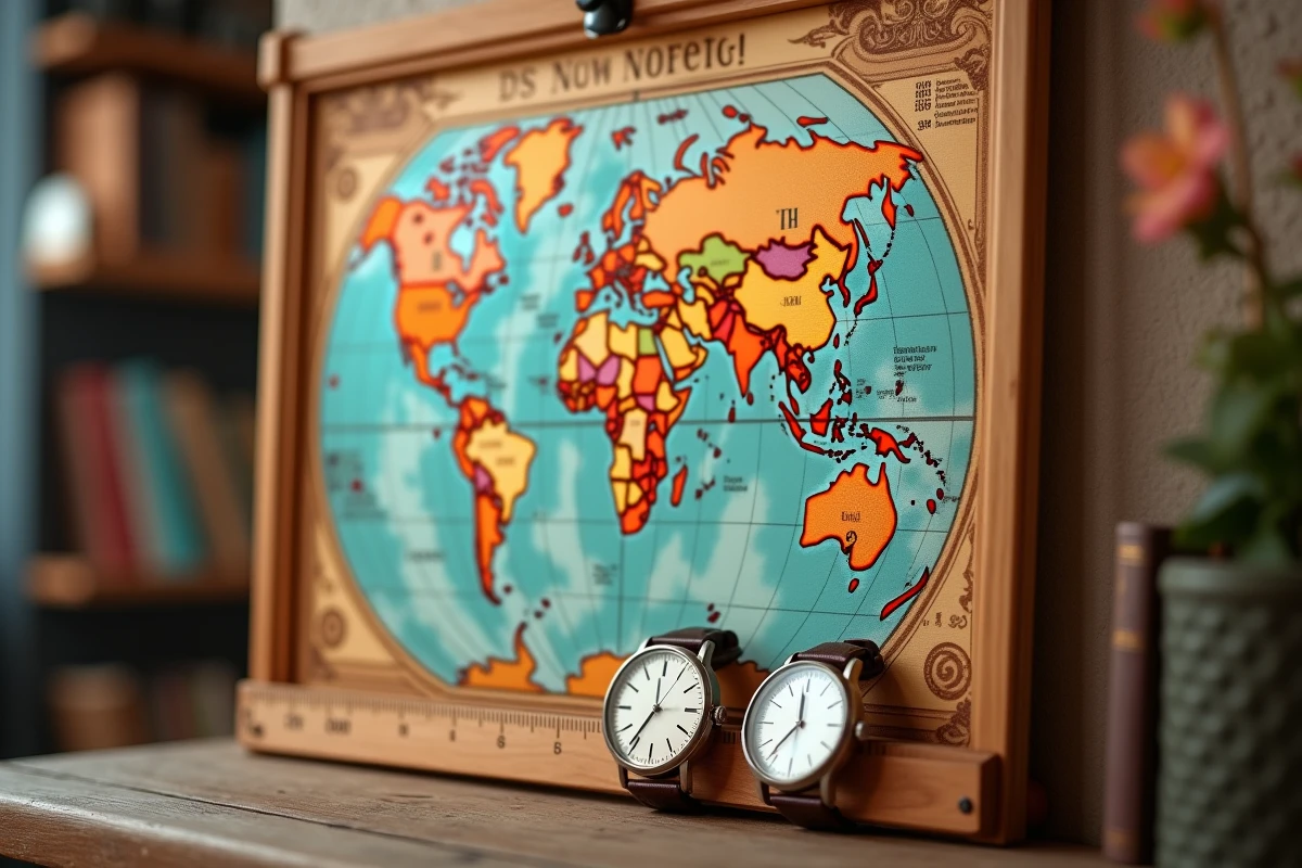 Carte des fuseaux horaires vintage épinglée sur un tableau en liège avec des montres analogiques réglées sur différents fuseaux