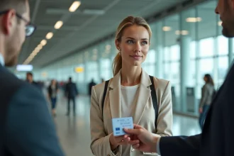Femme présentant sa carte d'identité périmée à un comptoir d'enregistrement d'aéroport international