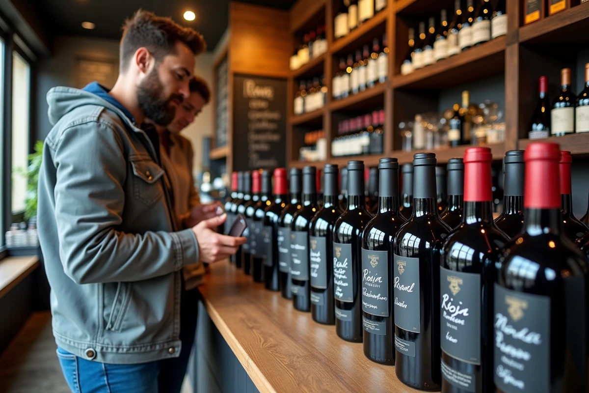 Deux amis comparant les prix de vins espagnols et français dans une cave à vins en France