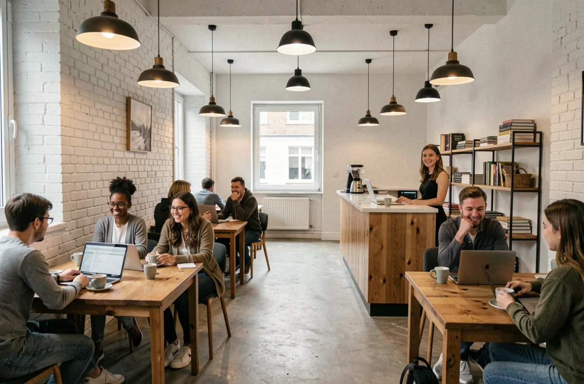 Salle commune moderne d'un hostel au centre de Lille avec des voyageurs assis à des tables en bois