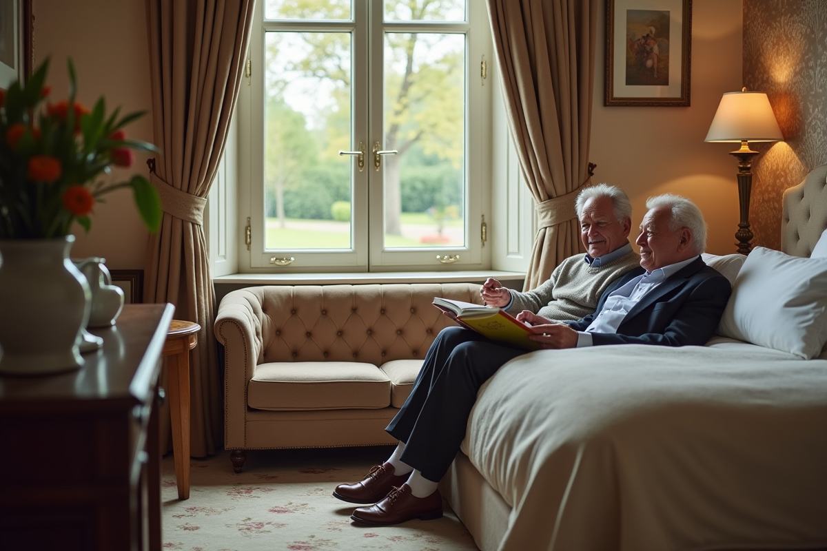 Couple âgé relaxant dans leur suite de chambre d