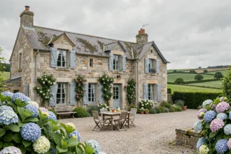 Vue extérieure d'une chambre d'hôtes bretonne en pierre avec jardin fleuri dans les Côtes-d'Armor