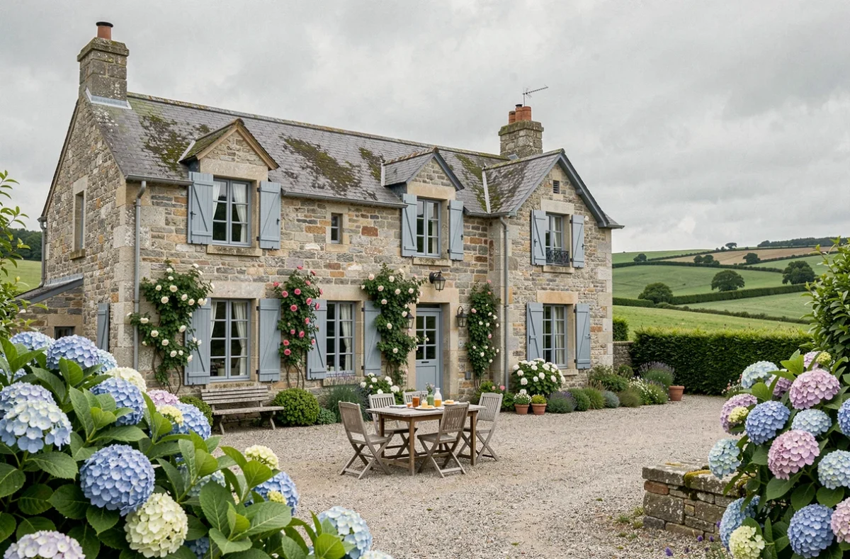 Vue extérieure d'une chambre d'hôtes bretonne en pierre avec jardin fleuri dans les Côtes-d'Armor