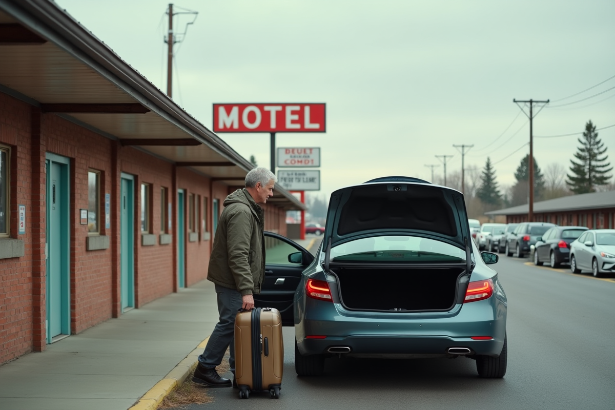 Homme chargeant sa valise dans une voiture devant un motel
