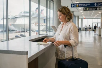 Femme consultant ses documents d'embarquement au comptoir d'un terminal de croisière moderne