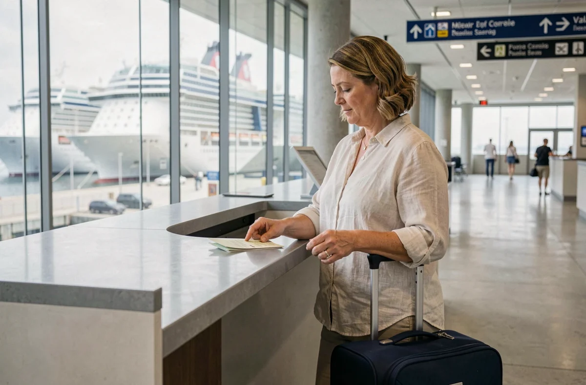 Femme consultant ses documents d'embarquement au comptoir d'un terminal de croisière moderne