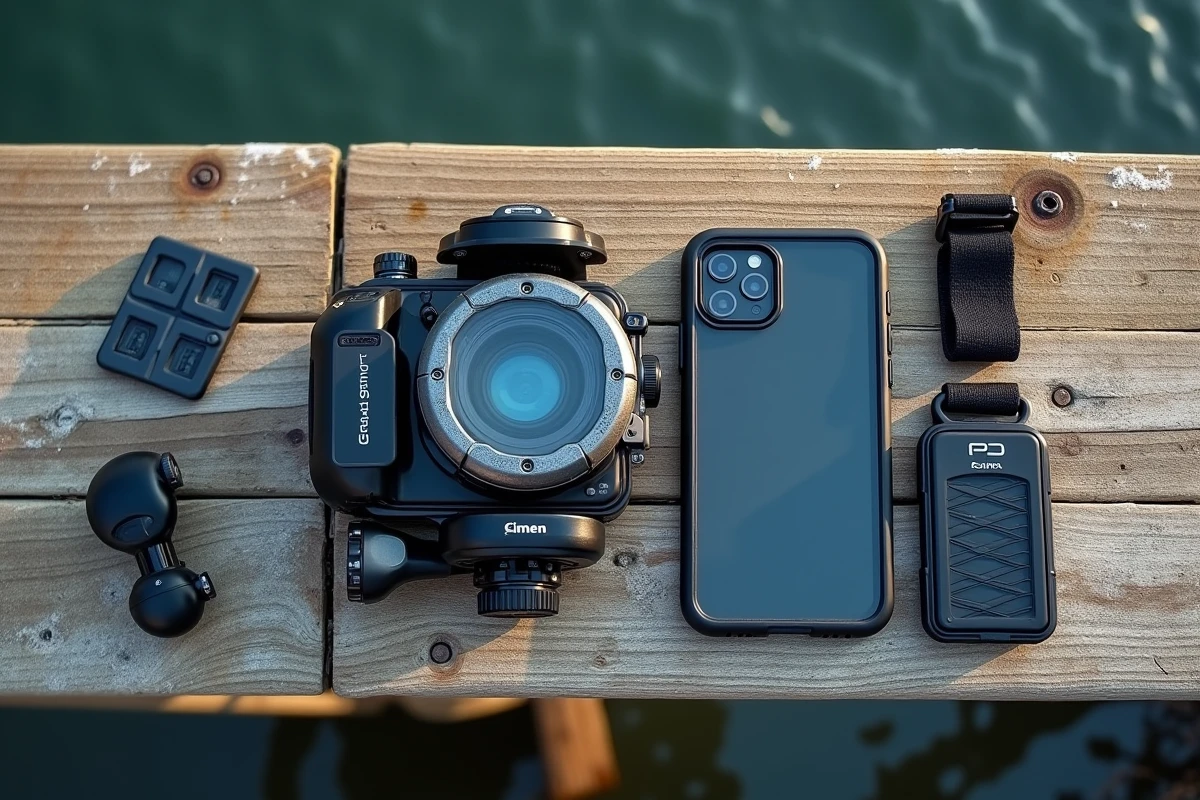 Comparaison à plat d'un appareil photo sous-marin et d'un smartphone étanche posés sur un ponton en bois au bord d'un lac
