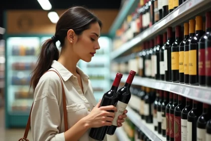 Femme comparant le prix de bouteilles de vin français et espagnol dans un supermarché européen