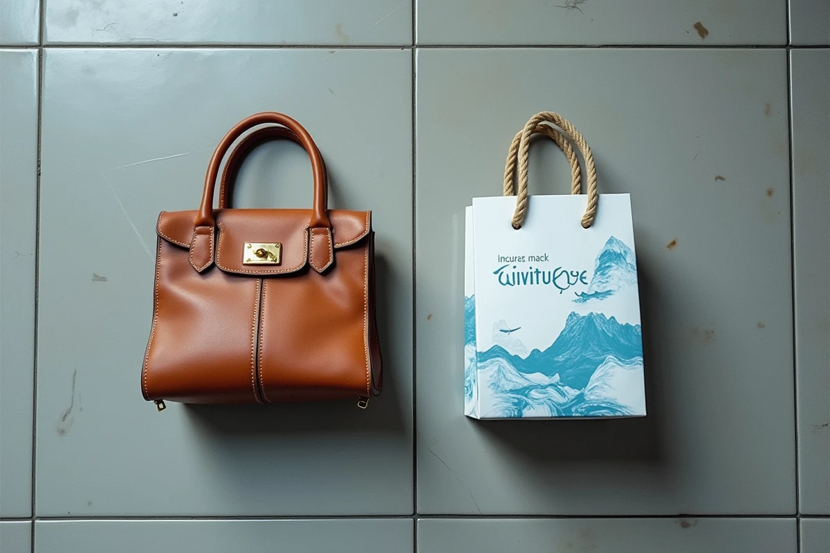 Vue de dessus d'un sac à main femme en cuir et d'un sac duty-free posés côte à côte sur le sol d'un aéroport