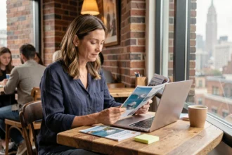 Femme comparant des offres de croisière à New York sur un ordinateur portable dans un café urbain