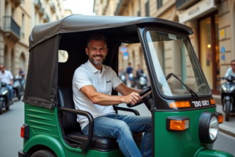 Homme français en polo conduisant un tuktuk en ville